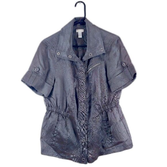 Chico's Metallic Slate Gray Snap Button Up Utility Top Size 1 - Picture 1 of 4